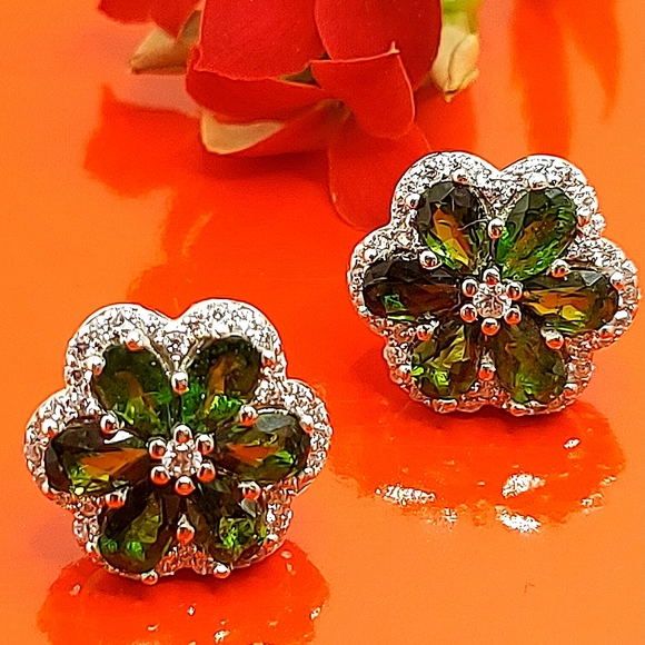 Natural Chrome Diopside & CZ 925‎ Sterling Silver Earrings - Picture 8 of 8